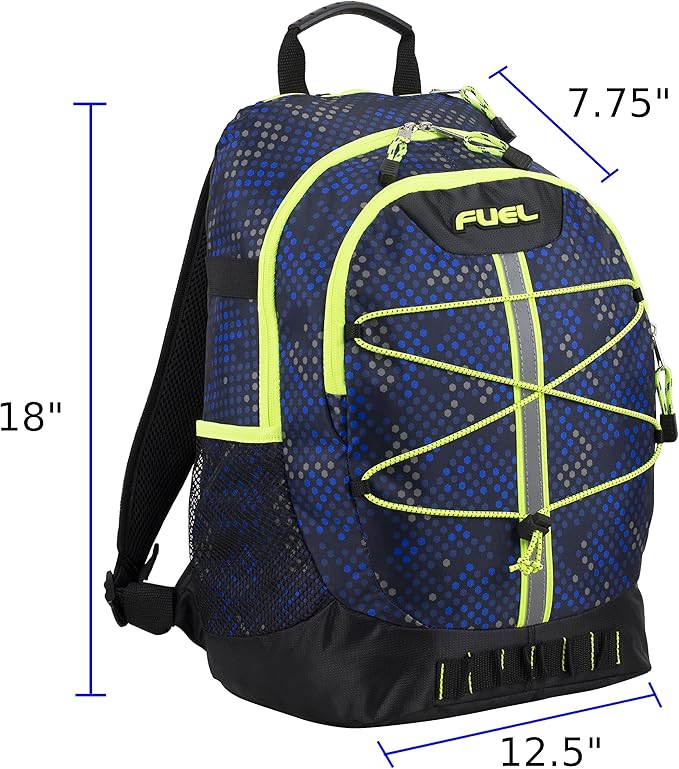 FUEL Hiking Backpack for Women Men Terra Sport, Travel, College, Gym, Work with Laptop Sleeve, Bungee, 18 Inches, Blue Hexagon