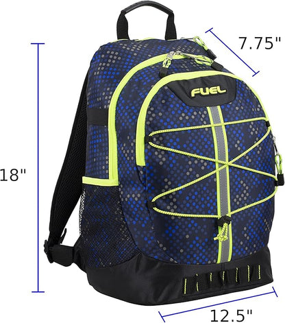 FUEL Hiking Backpack for Women Men Terra Sport, Travel, College, Gym, Work with Laptop Sleeve, Bungee, 18 Inches, Blue Hexagon