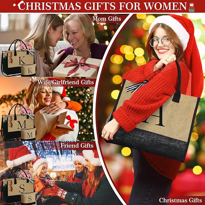 YOOLIFE Christmas Gifts for Women - Initial Jute Tote Bag & Makeup Bag, Birthday Gifts for Women Her Mom Teacher Friend