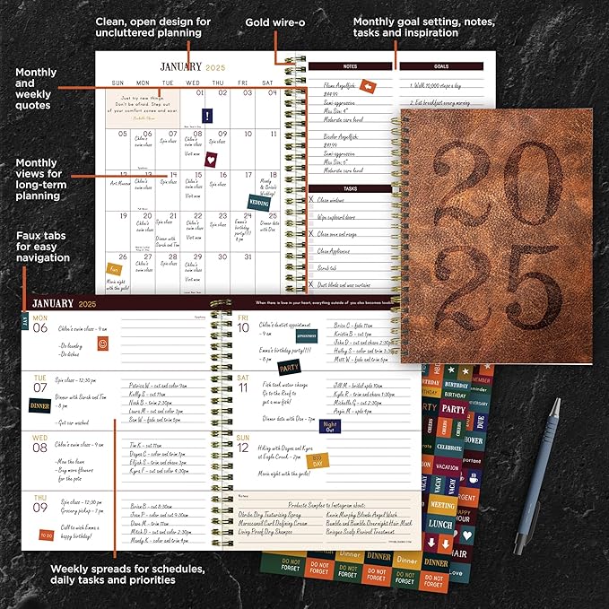 TF PUBLISHING 2025 Aged Leather Medium Weekly Monthly Planner - Goals & Task Trackers - Planner Monthly and Weekly with Organizer Stickers - 12 Month Calendar Planner - 6.5" x 8"