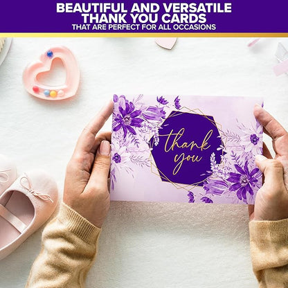 Decorably 24 Pack Gold-Foiled 6x4in Purple Thank You Cards with Envelopes and Stickers, 6 Elegant Designs Lavender Thank You Cards, Blank Inside - Wedding, Baby Shower