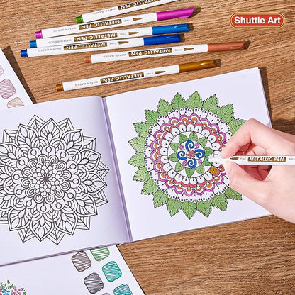Shuttle Art Metallic Marker Pens, 30 Colors Metallic Paint Markers with 1 Coloring Book Fine Point for DIY Card, Calligraphy, Art and Crafting Projects, Works Great on Black Paper, Scrapbooks, Rock