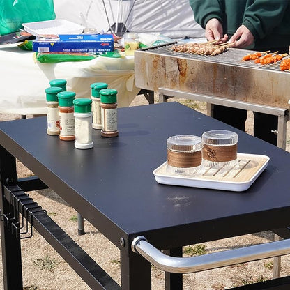 Elevon Dining Cart Table with Double-Shelf, Movable Steel Flattop Worktable, Hooks, Side Handle, Multifunctional