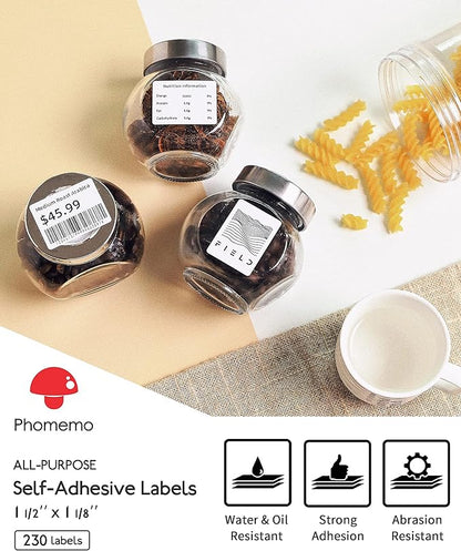 Phomemo Original [6x230 pcs] Labels Square Series, 1.57''x1.18'' (40x30mm) M110 M100 M220 M22 M12 M200 Labels, White, 230 Labels/Roll, 6 Rolls, Multi-Purpose Adhesive Thermal Phomemo Labels