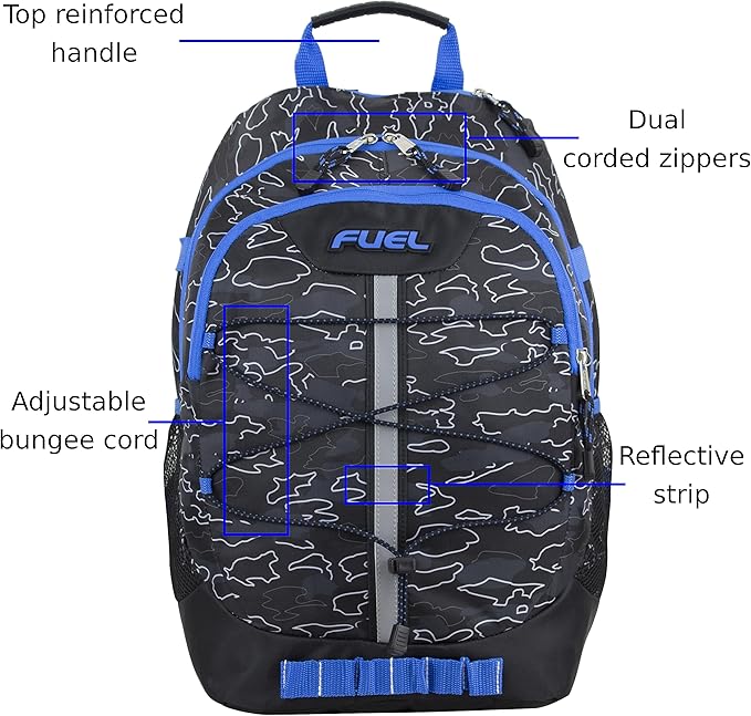 FUEL Hiking Backpack for Women Men Terra Sport, Travel, College, Gym, Work with Laptop Sleeve, Bungee, 18 Inches, Blue Camo