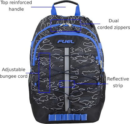 FUEL Hiking Backpack for Women Men Terra Sport, Travel, College, Gym, Work with Laptop Sleeve, Bungee, 18 Inches, Blue Camo