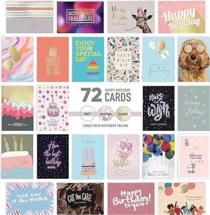 easykart labels 72 Unique Birthday Cards Assortment with Greetings Inside. For Businesses and Individuals, 4 x 5.5 Inch Assorted Foiling Cards with Envelope with Sealing Stickers