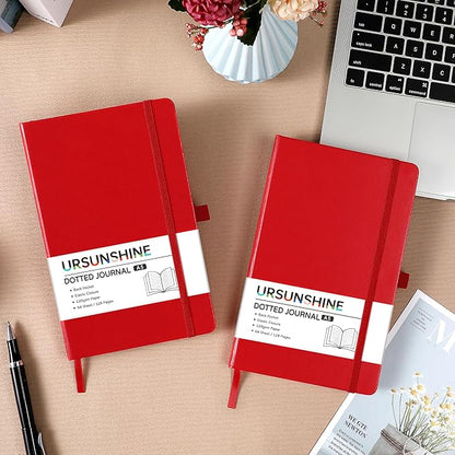 Dotted Journal/Notebook - Dot Grid Hard Cover Notebook, Premium Thick Paper with Fine Inner Pocket, Black Smooth Faux Leather, Pen Loop, 5.3'' x 8.26'' - Red