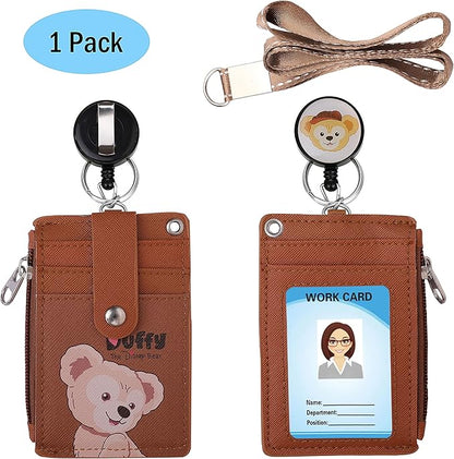 Cute ID Badge Holder Retractable Lanyard Reel Clip with Heavy Duty Carabiner, 5 Card Slots in 2 Sided with Key Ring and Zipper for Women Students Teens Girls Office Staff (Brown Duffy)