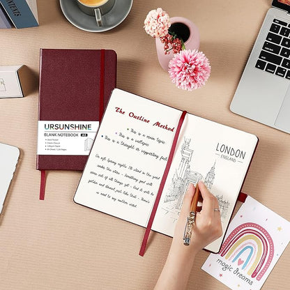 Blank Journal/Notebook - Classic Notebook/Journal with Ribbon Divider, Hardcover with Thick Paper, 5.3'' x 8.26'', Banded + Pen Holder +Inner Pocket - Burgundy
