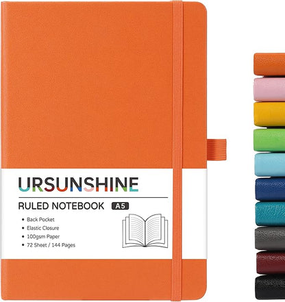 Ruled Notebook/Journal - Classic Lined Journal/Notebook, Hardcover with Thick Paper, 5.7" x 8.4", Banded + Pen Holder +Inner Pocket - Orange