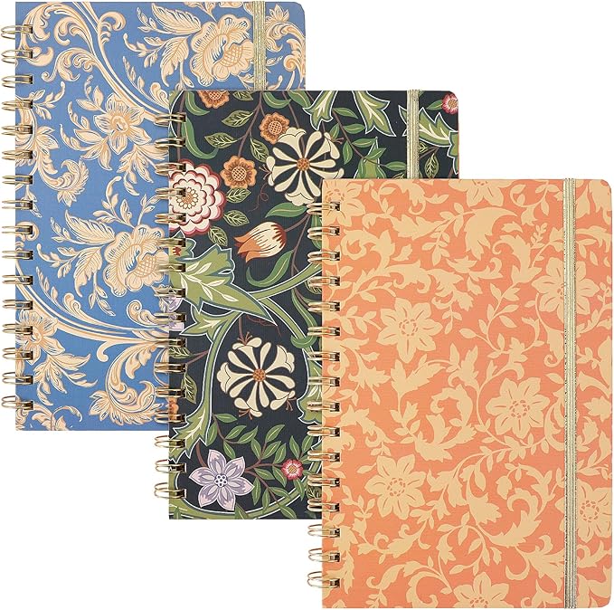 LABUK 3 Pack A5 William Morris Floral Notebooks for Women, 5.7" x 8.5" College Ruled Spiral Journals 160 Pages Hardcover with Back Pocket, Suitable for School, Office, Home and Beyond