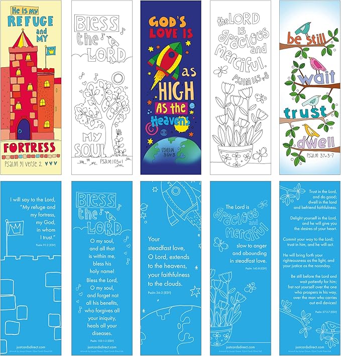 Christian Colouring Bookmarks, Psalms, Pack of 10 Different Designs, with Coloured Bible Verse on Reverse. Makes a Great Christian Gift for Adults or Children, by Just Cards Direct. (White/EPBM)