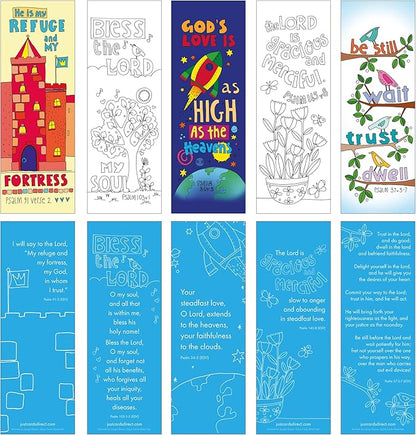 Christian Colouring Bookmarks, Psalms, Pack of 10 Different Designs, with Coloured Bible Verse on Reverse. Makes a Great Christian Gift for Adults or Children, by Just Cards Direct. (White/EPBM)