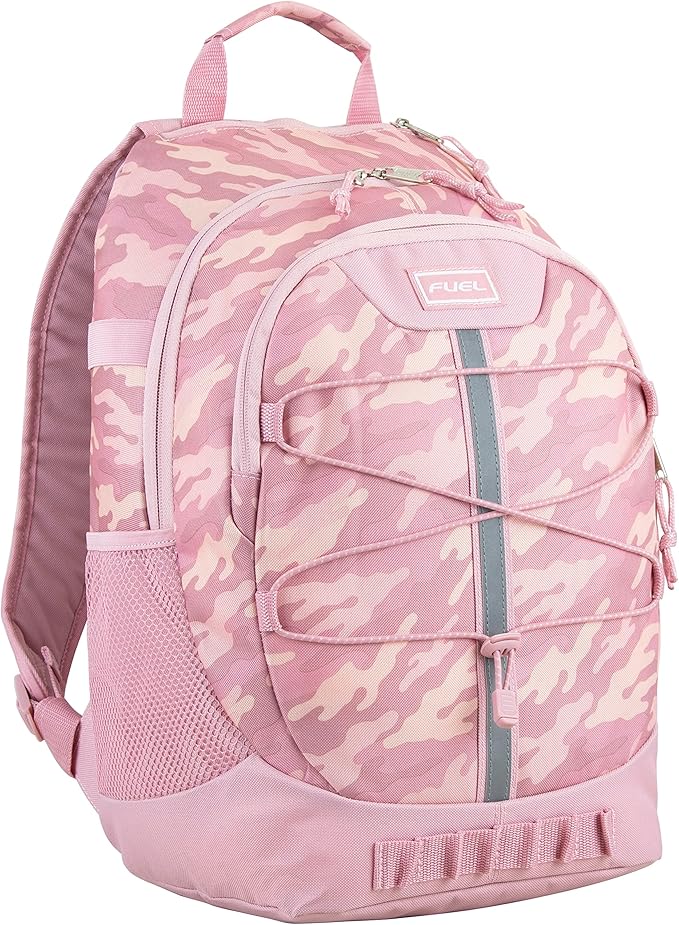 FUEL Hiking Backpack for Women Men Terra Sport, Travel, College, Gym, Work with Laptop Sleeve, Bungee, 18 Inches, Pink Camouflage