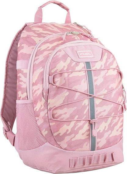 FUEL Hiking Backpack for Women Men Terra Sport, Travel, College, Gym, Work with Laptop Sleeve, Bungee, 18 Inches, Pink Camouflage