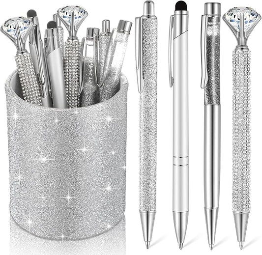 Sabary 8 Pcs Ballpoint Pens with Pen Holder for Desk Glitter Crystal Diamond Fancy Pencil Holder Bling Desk Organizer Cute Stationery Supplies for Women Girls Wedding Office School Gifts(Silver)