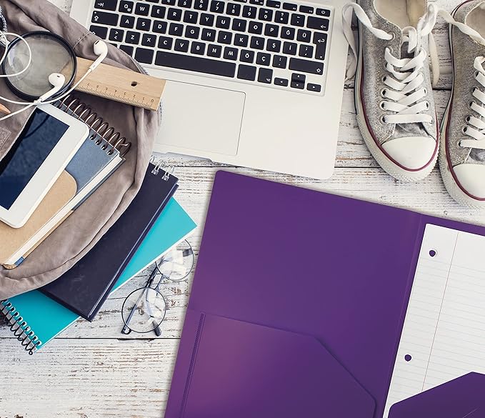 Better Office Products Heavyweight Plastic 2 Pocket Portfolio Folder, Letter Size Poly Folders 24 Pack (Purple)