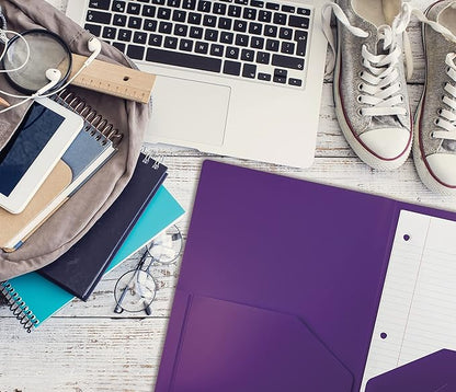 Better Office Products Heavyweight Plastic 2 Pocket Portfolio Folder, Letter Size Poly Folders 24 Pack (Purple)