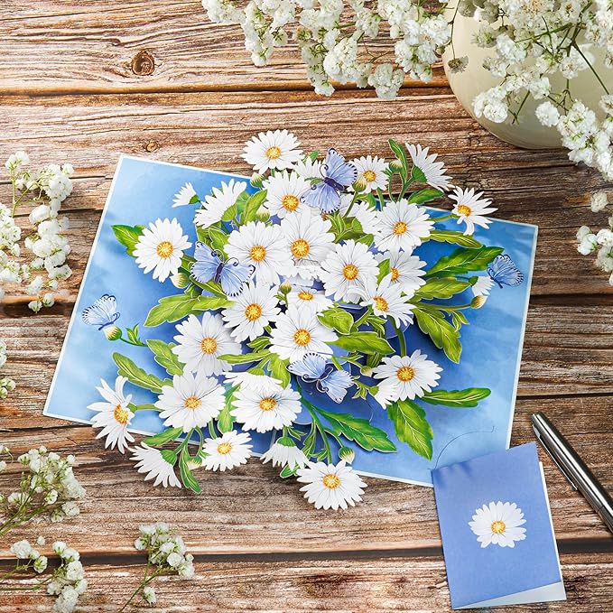 Daisy Pop Up Cards, White Daisy, Butterfly, 3D Greeting Cards, Gifts for Birthday, Mothers Day, Valentines Day, Mom, Wife, Girlfriend, Sister, 5x7 - Includes Envelope And Message Note