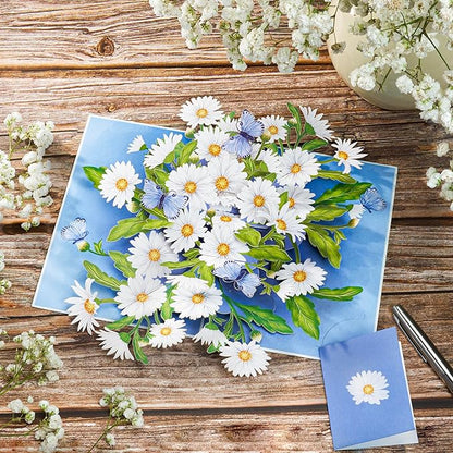 Daisy Pop Up Cards, White Daisy, Butterfly, 3D Greeting Cards, Gifts for Birthday, Mothers Day, Valentines Day, Mom, Wife, Girlfriend, Sister, 5x7 - Includes Envelope And Message Note