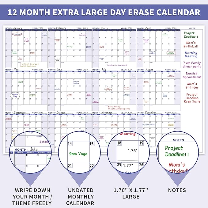 Large Dry Erase Calendar – Yearly Wall Calendar Dry Erase, 57.9" x 37", 12-Month Undated Calendar, Reusable Laminated with 15 Stickers - Purple