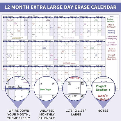Large Dry Erase Calendar – Yearly Wall Calendar Dry Erase, 57.9" x 37", 12-Month Undated Calendar, Reusable Laminated with 15 Stickers - Purple