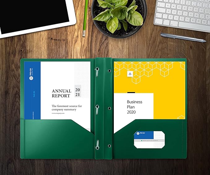 Better Office Products Green Plastic 2 Pocket Folders with Prongs, Heavyweight, Letter Size Poly Folders, 24 Pack, with 3 Metal Prongs Fastener Clips, Green