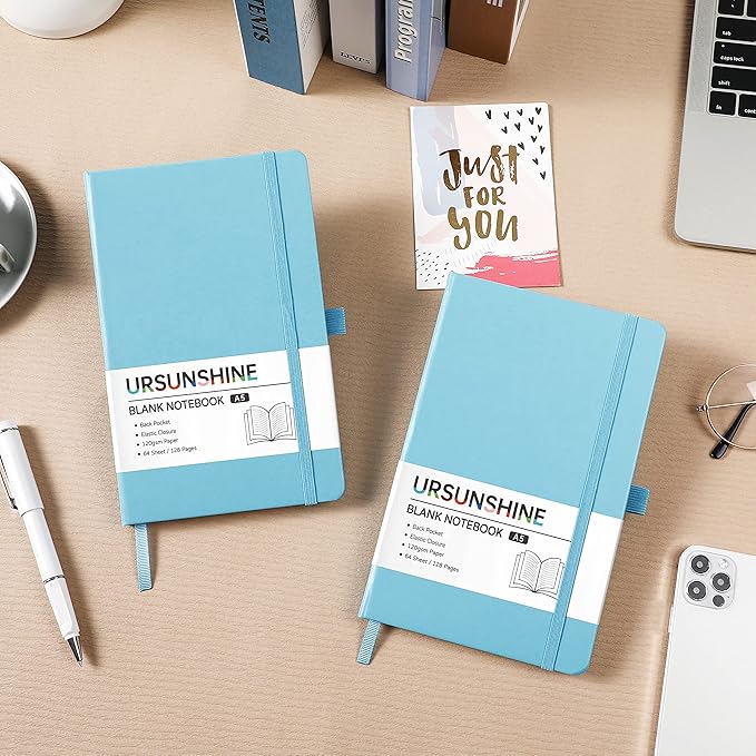 Blank Journal/Notebook - Classic Notebook/Journal with Ribbon Divider, Hardcover with Thick Paper, 5.3'' x 8.26'', Banded + Pen Holder +Inner Pocket - Light Blue