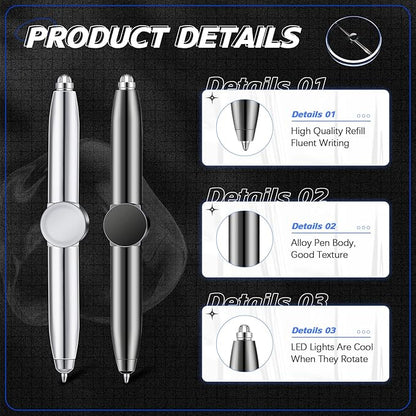 Chinco 2 Pieces Fidget Spinning Pen with LED Light Multi Functional Help Thinking Ballpoint Gift Pen for Adults Students Teenage(Gray, Silver)