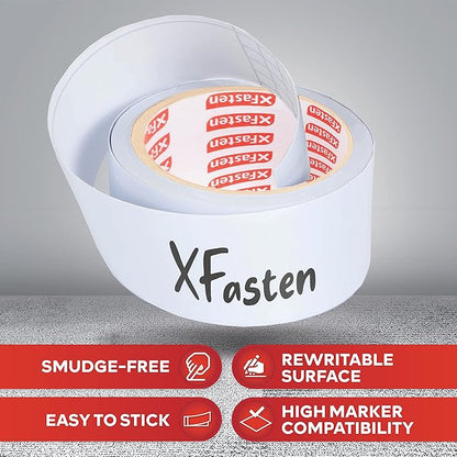 XFasten Dry Erase Tape White 2-Inch x 15-Feet Zero Smudging Ghosting-Free Whiteboard Tape, Reusable Dry Erase Labels for Storage Bins, Sentence Strips for Teachers