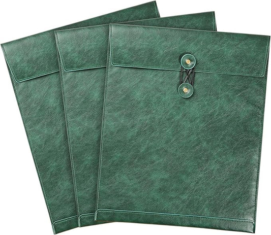 Green A4 PU Leather File Folders for Documents,Important Private File Organizer with String Tie Closure,Laptop Sleeve Notebook Case,Leather Portfolio Binder Envelopes, Filing Folder