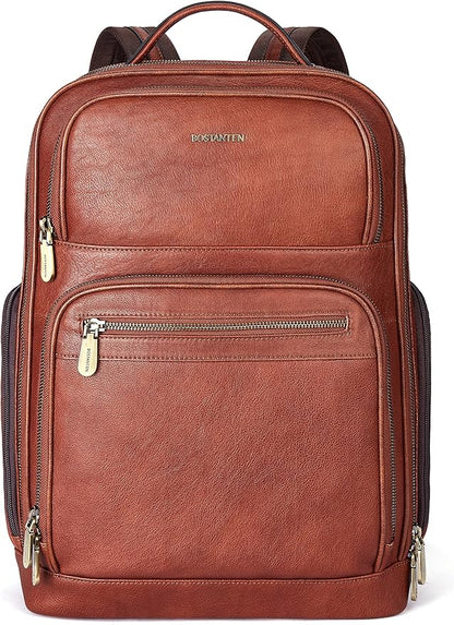 BOSTANTEN Leather Backpacks College 15.6” Laptop Travel Computer Shoulder Backpack For Men Coffeebrown