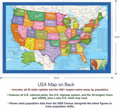 2-Sided Desk Map with Durable Lamination (2 Pack: US/Europe Centered World Map)