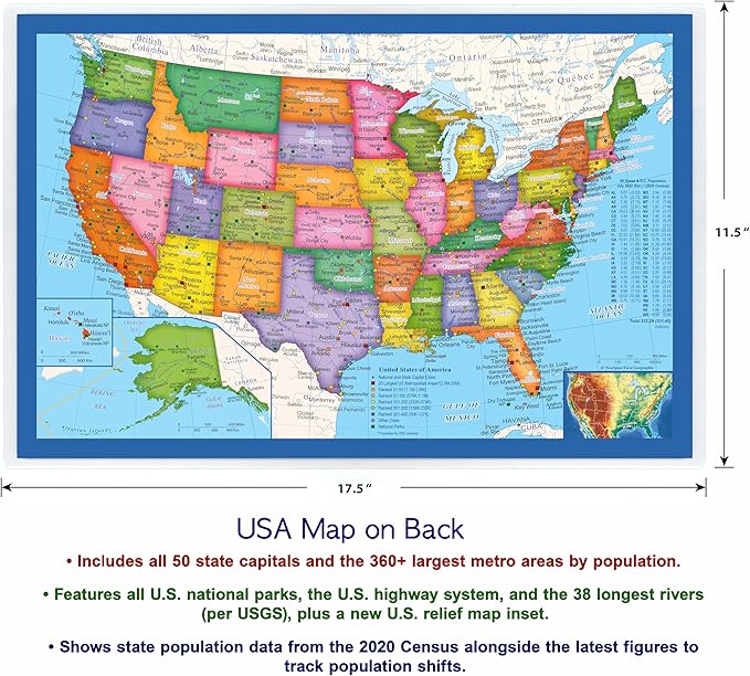 2-Sided Desk Map with Durable Lamination (2 Pack: US/US Centered World; Children's US/US Centered World)