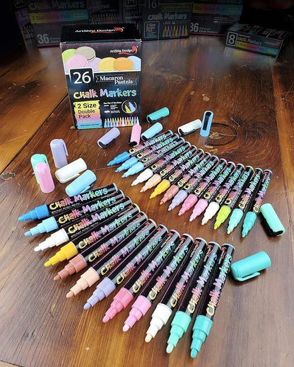 26 Macaron Pastel Chalk Markers Double Pack of Both Fine & Reversible Medium Tip Liquid Chalk Pens Wet Erase Menu Boards, Windows, Classrooms, Mirrors, Non-Porous Chalkboards, Plastic, Metal