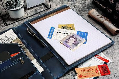 Personalized Leather Portfolio for Men, Engraved Leather Clipboard Portfolio Binder, Custom Leather Resume Padfolio for Women, Christmas Gift for His/Her (Notepad, Blue-Custom)