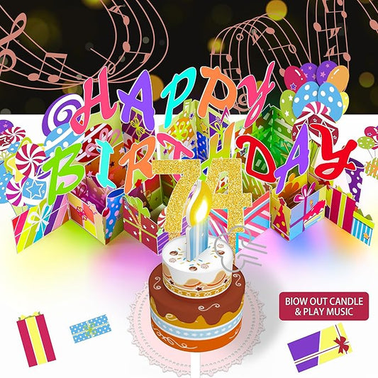 Gumry 74TH Musical Birthday PopUp Card, Blowable Colorful Light Candle 3D Cards with Song, Applause Cheers Sound, Greeting Cards Birthday Gifts Decorations for Women Men Turning 74 Years Old
