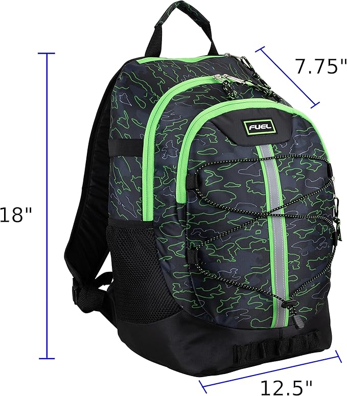 FUEL Hiking Backpack for Women Men Terra Sport, Travel, College, Gym, Work with Laptop Sleeve, Bungee, 18 Inches, Neon Outline Camo