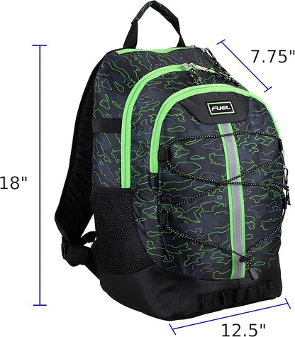 FUEL Hiking Backpack for Women Men Terra Sport, Travel, College, Gym, Work with Laptop Sleeve, Bungee, 18 Inches, Neon Outline Camo