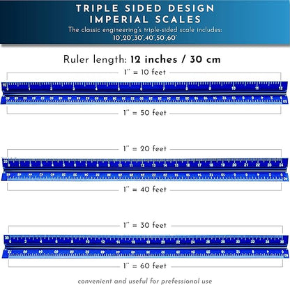 12-Inch Architectural and Engineering Scale Ruler Set (Imperial) | Laser-Etched Aluminum Triangular Drafting Tool | for Architect and Civil Engineer Blueprints | Standard Metal Ruler Included