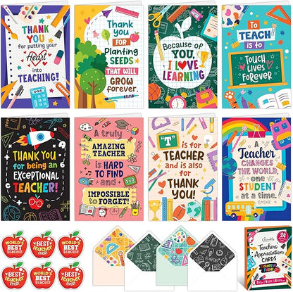 Decorably 24 Pack 4x6in Teacher Appreciation Cards with Envelopes and Stickers, 8 Colorful Designs Teacher Thank You Cards from Students with Printed Message Inside