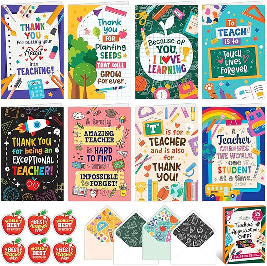 Decorably 24 Pack 4x6in Teacher Appreciation Cards with Envelopes and Stickers, 8 Colorful Designs Teacher Thank You Cards from Students with Printed Message Inside