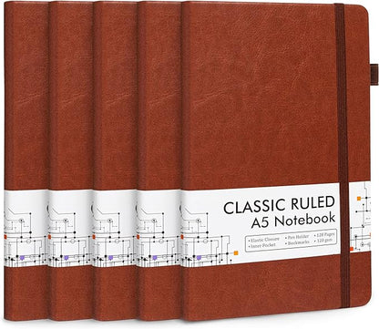 feela 5 Pack Journal Notebook Bulk for School, Hardcover Business Notebooks Classic Ruled Lined Journals with Pen Holder for Work Note Taking, with 5 Black Pens, 120 GSM, 5.1”x8.3”, A5, Brown