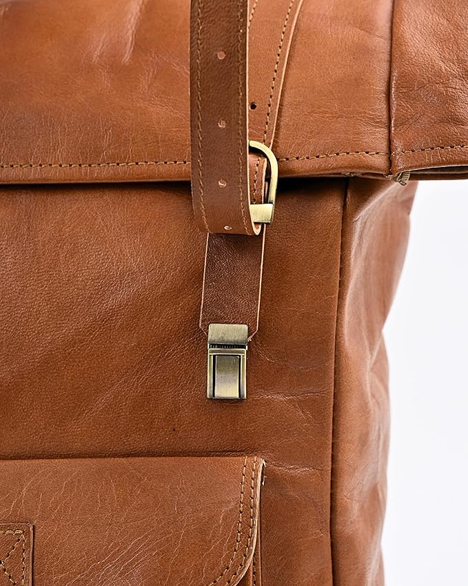Genuine Leather Backpack for Men & Women, Rolltop Laptop Bookbag, Vintage Back Pack Rucksack for work & travel, Brown (Tan)