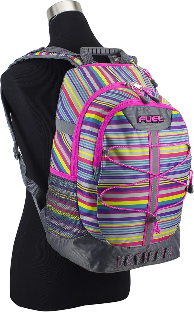 FUEL Hiking Backpack for Women Men Terra Sport, Travel, College, Gym, Work with Laptop Sleeve, Bungee, 18 Inches, Pink Rainbow Stripes