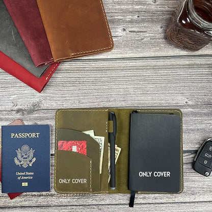Leather Cover for Field Notes, Passport Cover, Leather Notebook Cover for 3.5" x 5.5" with Pen Holder, Only Cover (Moss Green)