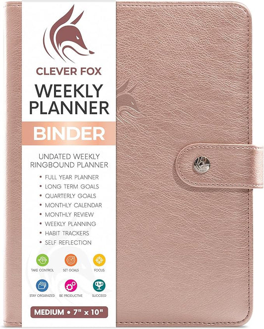 Clever Fox Weekly Planner Binder – Goal Setting Planner for Time Management & Weekly Tasks – Work & Life Organizer with to Do List & Habit Tracker – Undated, 7″ x 9″ Hardcover (Rose Gold)