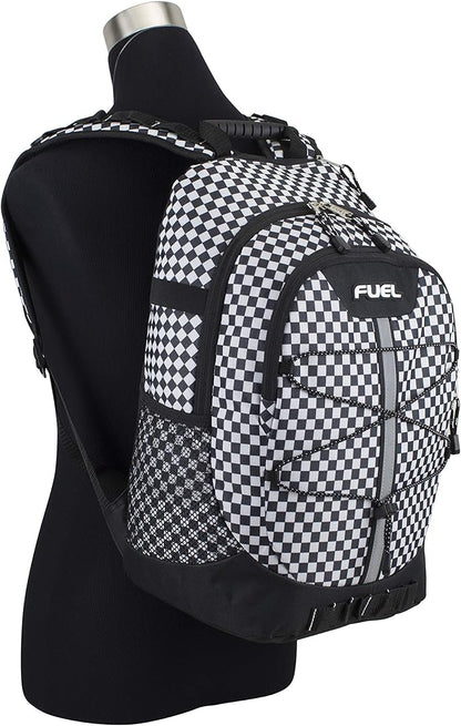 FUEL Hiking Checkered Black White Backpack for Women Men Terra Sport, Travel, College, Gym, Work with Laptop Sleeve, Bungee, 18 Inches