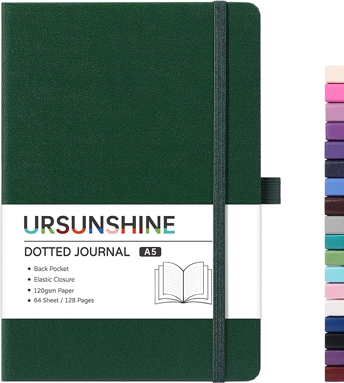 Dotted Journal/Notebook - Dot Grid Hard Cover Notebook, Premium Thick Paper with Fine Inner Pocket, Black Smooth Faux Leather, Pen Loop, 5.3'' x 8.26'' - Turquoise